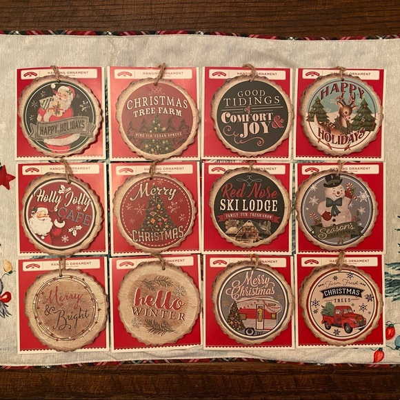 Vintage Retro Rustic Themed Christmas Wood Slices Hanging Ornaments Set of 12 - Picture 2 of 12